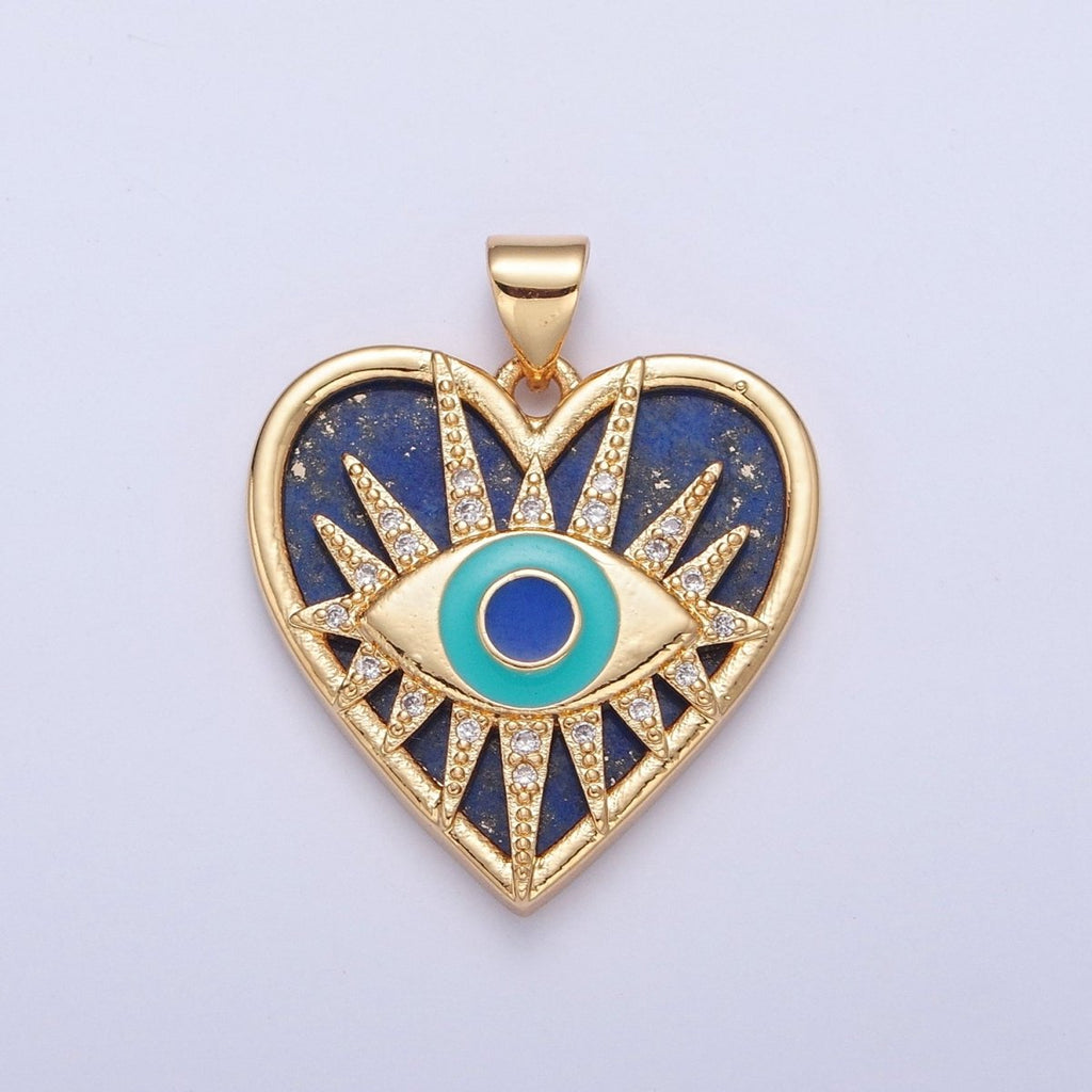 Micro Pave Protection Evil Eye Pendant, Blue Lapiz Heart Pendant H-687